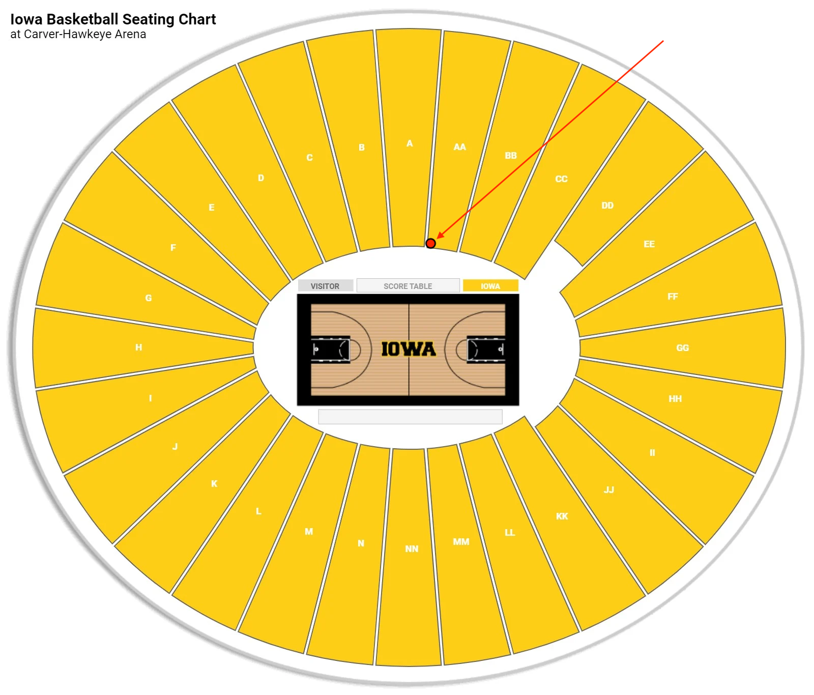 Iowa basketball seating chart showing Section AA seat location